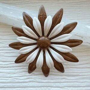 Vintage Mod Brown and White Enamel Flower Brooch